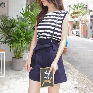 Set: Striped Sleeveless Top + Wide Leg Suspender Shorts