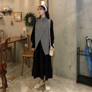 Plain Long-sleeve Loose-fit Dress / Turtle-neck Knit Vest