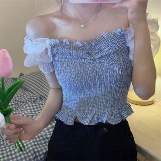 Puff-sleeve Shirred Check Frill Trim Top Blue - One Size