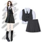 Puff-sleeve Shirt / Double-breasted Vest / A-line Skirt / Neck Tie