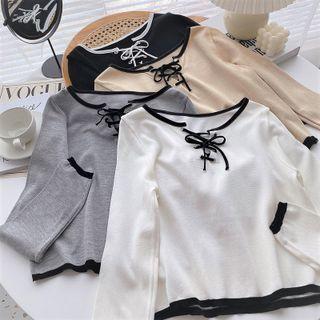 Long-sleeve Round Neck Lace-up T-shirt