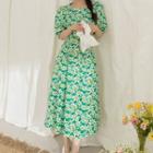 Square-neck Floral Print Dress Green - One Size