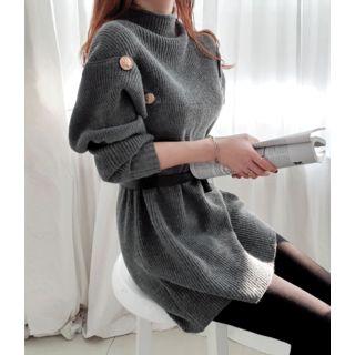 Set: High-neck Button-trim Mini Knit Dress + Belt Bag