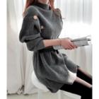 Set: High-neck Button-trim Mini Knit Dress + Belt Bag