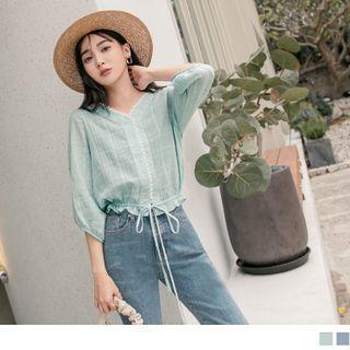 3/4 Sleeve V-neck Lace Trim Tie-waist Crop Blouse