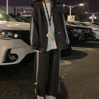 Hooded Fleece Sweatshirt / Color-block Straight-leg Pants