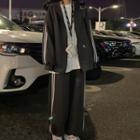 Hooded Fleece Sweatshirt / Color-block Straight-leg Pants