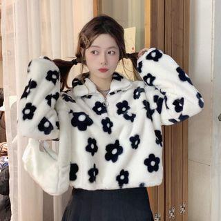 Floral Print Fluffy Half-zip Sweatshirt Black Floral - White - One Size