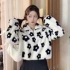 Floral Print Fluffy Half-zip Sweatshirt Black Floral - White - One Size
