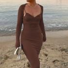 Set: Spaghetti Strap V-neck Plain Long Dress + Long Sleeve Shrug