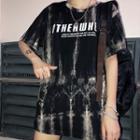 Lettering Tie-dye Elbow-sleeve T-shirt Black - One Size