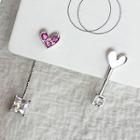 Non-matching Rhinestone Heart Earring Silver Needle - Zircon - Love Heart - One Size