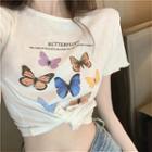 Butterfly Printed Short-sleeve Cropped T-shirt White - One Size