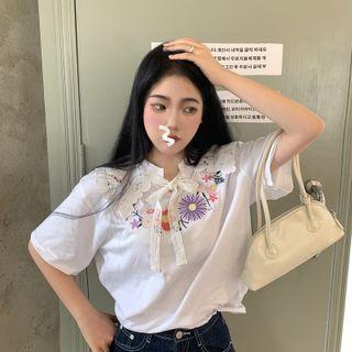 Elbow-sleeve Flower Embroidered Top White - One Size