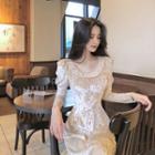 Lace Trim Velvet Long-sleeve Dress