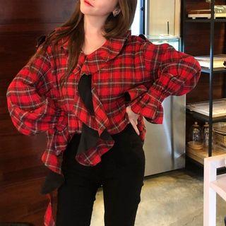 Long Sleeve Plaid Ruffle Trim Top Checked - One Size
