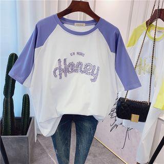 Short-sleeve Raglan Letter Embroidered T-shirt