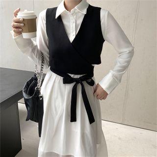 Long-sleeve Asymmetrical Shirtdress / V-neck Plain Vest