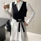 Long-sleeve Asymmetrical Shirtdress / V-neck Plain Vest