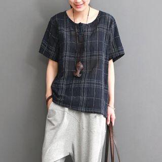 Plaid Short-sleeve Linen Cotton Top