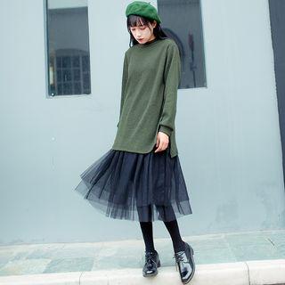 Mock Two-piece Long-sleeved Crewneck Panel Mesh Long Sheath Dress