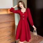 Long-sleeve Bow A-line Cocktail Dress
