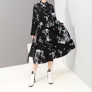 Print Long-sleeve Shirtdress Black - One Size