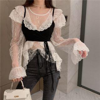 Set: Ruffled Lace Blouse + Drawstring Camisole Top Set Of 2 - Camisole - Black - One Size / Blouse - White - One Size
