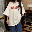 Elbow-sleeve Lettering Loose Fit Cotton T-shirt