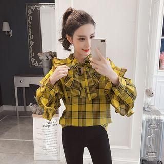 Plaid Frill Trim Tie-neck Blouse