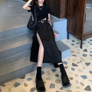 Short-sleeve Drawstring T-shirt / Asymmetric Midi A-line Skirt