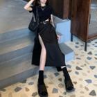 Short-sleeve Drawstring T-shirt / Asymmetric Midi A-line Skirt