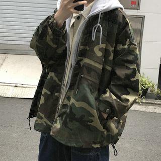 Mock Two-piece Camo Print Zip Hoodie