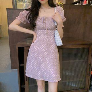 Short-sleeve Dot Print Mini Dress Light Purple - One Size
