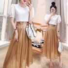 Set: Short-sleeve Embellished Blouse + Buckled Midi A-line Skirt