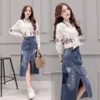 Set : Print Long-sleeve Blouse + Distressed Denim Skirt