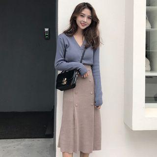 V-neck Cardigan / Button-detail Midi A-line Skirt / Set