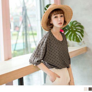 Dot Print Slit-cuff Top