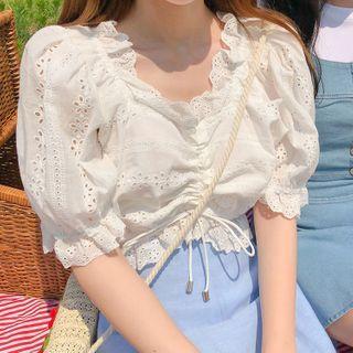 Short-sleeve Crochet Lace Up Blouse White - One Size