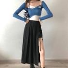 Long-sleeve Crop Top / Knit Camisole Top / A-line Midi Skirt