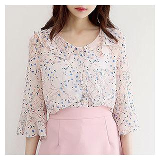 Ruffle-trim Floral Pattern Chiffon Blouse