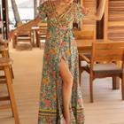 Floral Print Short-sleeve Slit Maxi A-line Dress