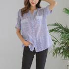 Mandarin-collar Lace-trim Stripe Shirt