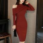 Long-sleeve Shoulder Cutout Sheath Dress