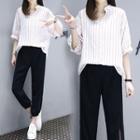 Set: Striped Elbow Sleeve Blouse + Cropped Pants