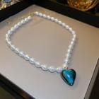 Heart Resin Pendant Faux Pearl Necklace Necklace - Love Heart & Faux Pearl - White & Blue - One Size