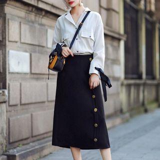 Long-sleeve Ribbon Shirt / Buttoned A-line Midi Skirt