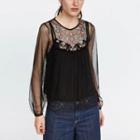 Long-sleeve Embroidered Mesh Top