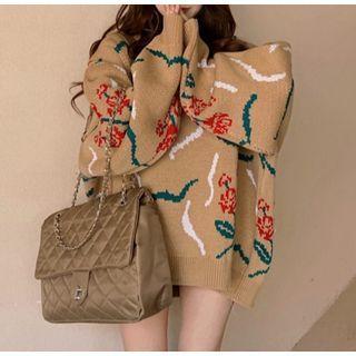 Long-sleeve Printed Loose Fit Knit Sweater Camel - One Size