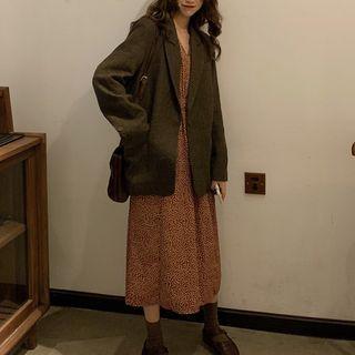 Single-button Blazer / Long-sleeve Flower Print Midi A-line Dress